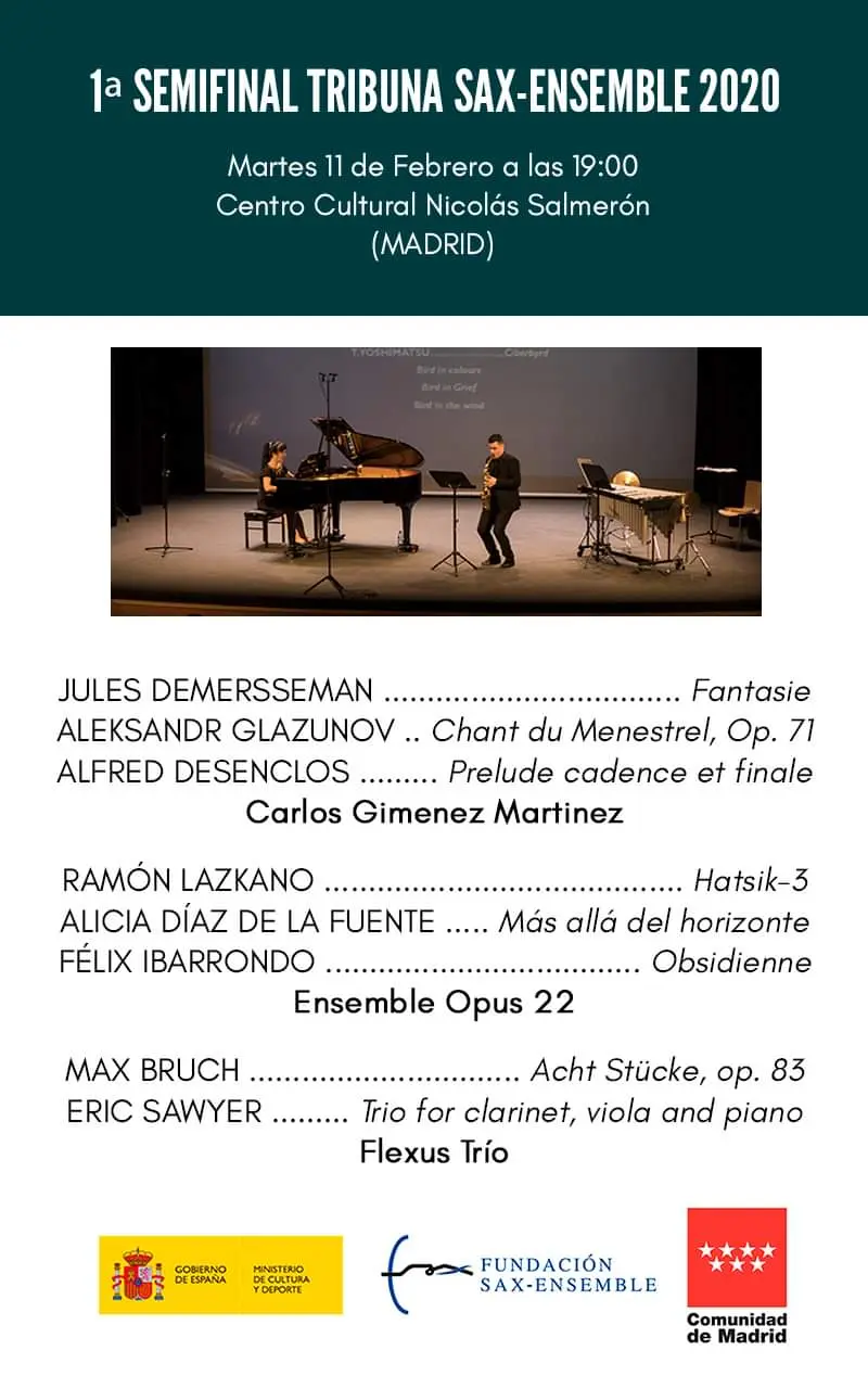 Cartaz da Tribuna Sax-Ensemble 2020, Centro Cultural Nicolás Salmerón, Madrid, 11 de fevereiro de 2020
